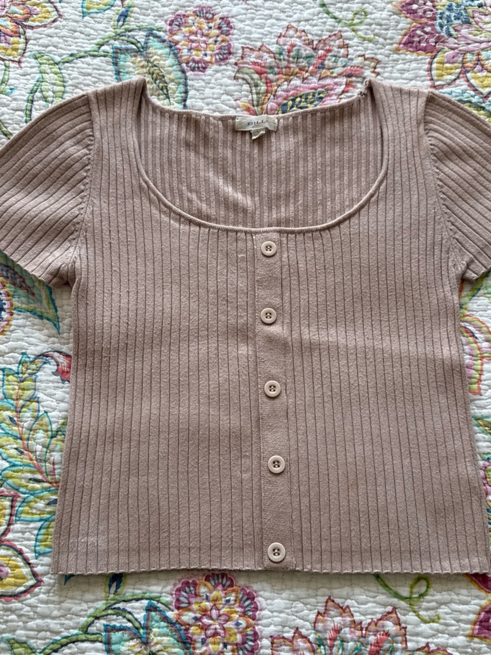 Gilli Ribbed Button-Front Knit Top in Beige